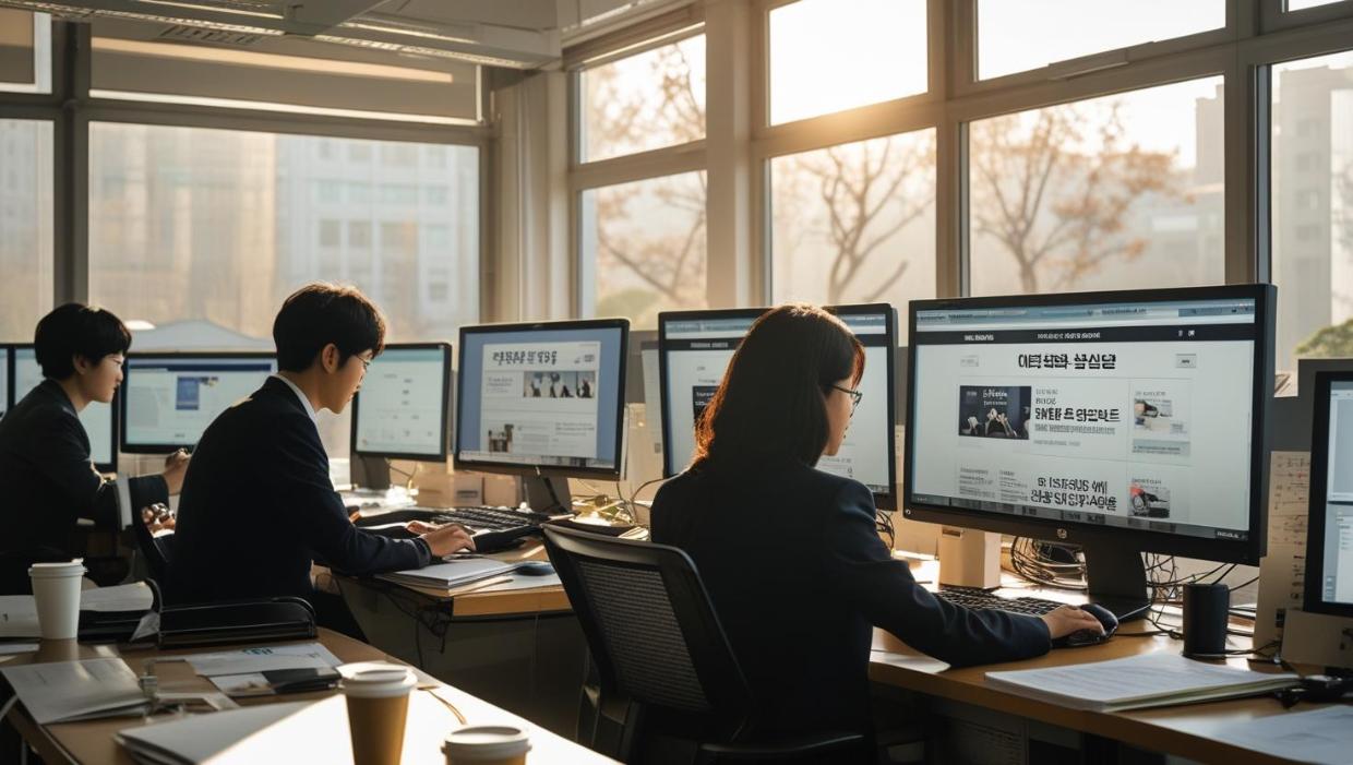 Korean journalists working in bright newsroom researching online link directories for stories.
