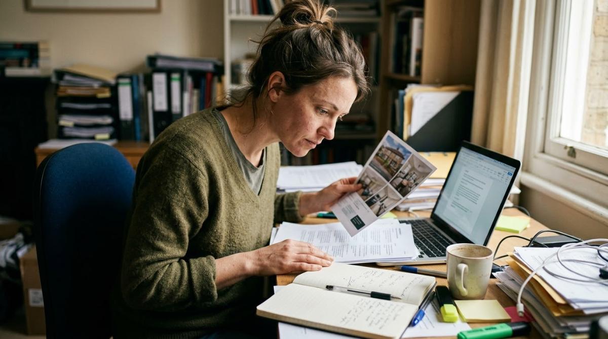A journalist checking investing in real estate claims against documents and data.